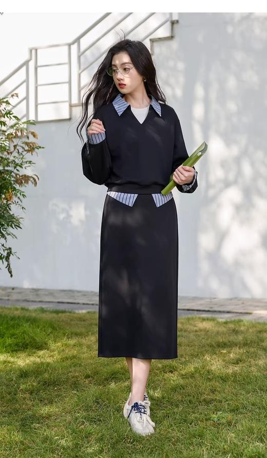 三C同款26春套头翻领上衣+直筒高腰半身裙两件套 商品图3