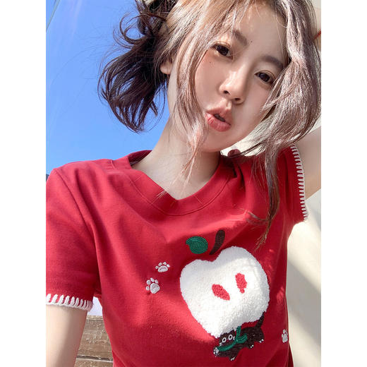 <曾小咸推荐>红色苹果植绒短袖t袖夏上衣 商品图1