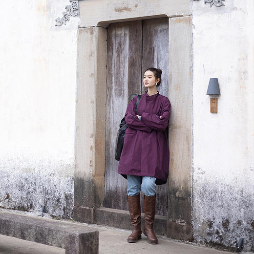 绽放045朵/春日织紫·紫色色织长绒棉风衣外套女春中长款休闲大衣 商品图2