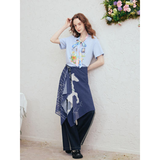 两三事梵高文艺风形日记2026春季新款时尚印花布绑带拼边牛仔裤女 商品图2