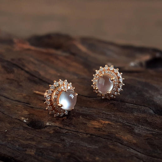 【天然正品】A货翡翠AU750玫瑰金镶钻镶天然细腻白色高冰种蛋面翡翠耳钉18.0*8.3*7.9MM（皆取最大值）190126NJS25 商品图3