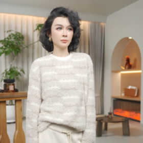 PanYiXiu/潘依绣松弛感撞色条纹挂毛流苏气质长袖圆领针织上衣W-63547