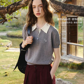 欧芮儿休闲通勤撞色P0LO领毛针织套头衫女夏季2026新款短袖上衣