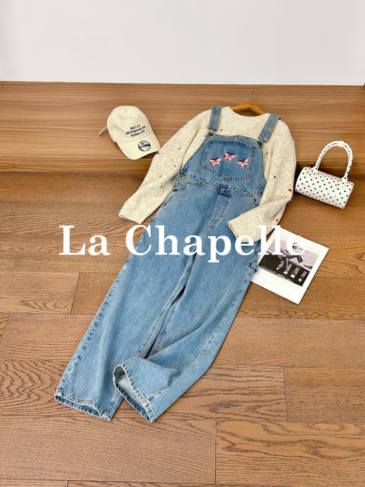 专柜实拍【减龄神器】拉夏贝尔/La Chapelle重磅100棉牛仔背带裤！撞色刺绣蝴蝶宽松显瘦直筒连体裤 商品图3