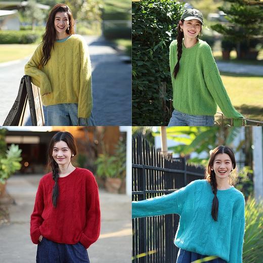 绽放111朵/100羊毛衫多色圆领落肩绞花套头毛针织衫女春新款毛衣 商品图0