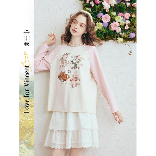 两三事梵高文艺悄然心动2026春季新款拼色插肩袖蝴蝶结印花t恤女 商品图0