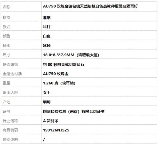 【天然正品】A货翡翠AU750玫瑰金镶钻镶天然细腻白色高冰种蛋面翡翠耳钉18.0*8.3*7.9MM（皆取最大值）190126NJS25 商品图7