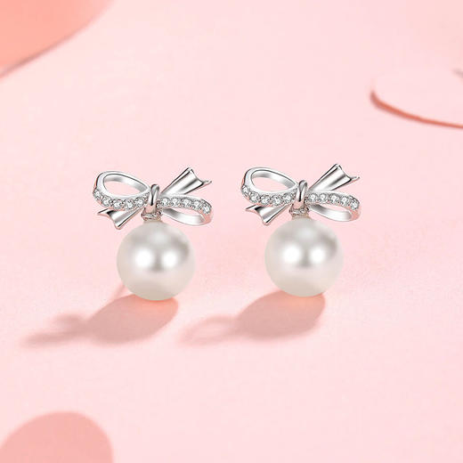 Winy S925 银 静蝶清露蝴蝶结耳钉 仿珍珠镶钻耳饰 送女友闺蜜温柔气质礼物 商品图0