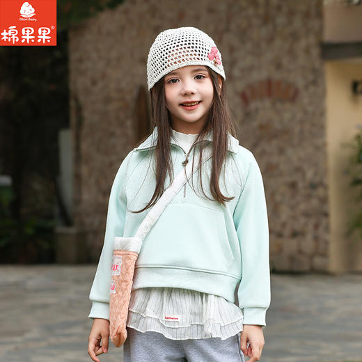 棉果果春季新品女童纯棉小线圈绿色翻领套头卫衣M122180226117 商品图1
