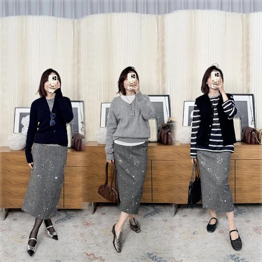 【贝拉推荐】高阶智性美 H型灰色羊毛钉珠半裙 普ra达克制的性感 时髦知识分子羊毛半裙 商品图1