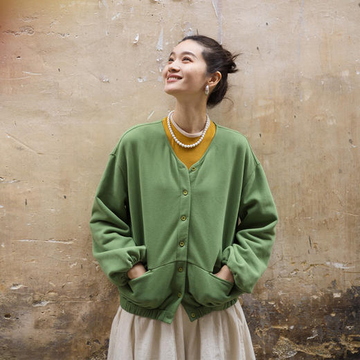 特绽放016朵/棉毛圈针织布小v领开襟长袖卫衣女春季新款开衫外套 商品图1