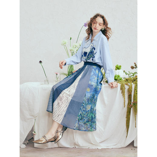 两三事梵高文艺浪漫失重2026春新款森女风印花a字半身裙飘逸长裙 商品图1