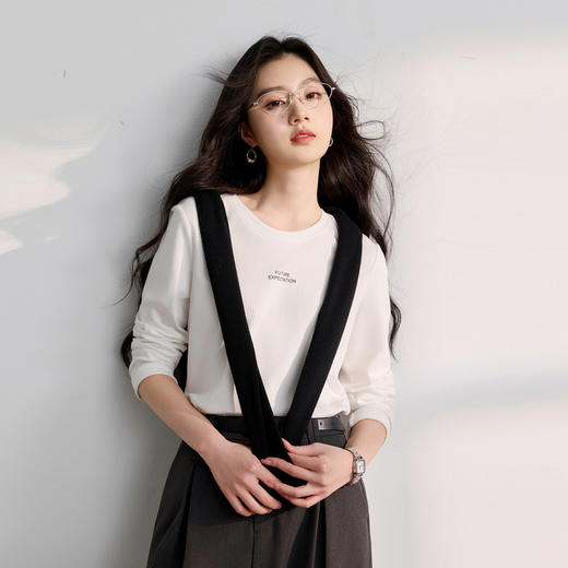 【匹马棉】三彩2026春季新款圆领字母T恤宽松长袖基础套头衫休闲Z 商品图1