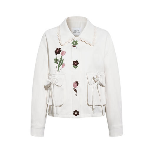 两三事心跳同频2026春季新款甜美花朵毛巾绣蕾丝边翻领短外套女 商品图4