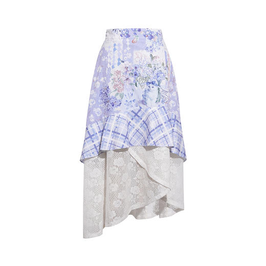 两三事梵高文艺 缱绻心事 2026春季新款蕾丝拼接印花不规则半身裙 商品图4