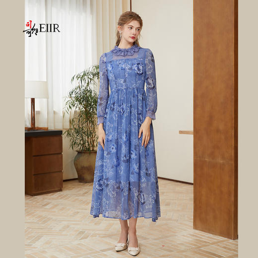 司歌印花收腰长袖雪纺连衣裙A921161X 商品图1