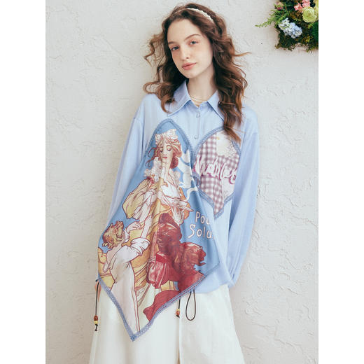 两三事 浓情假日 2026春季新款复古印花拼接绑带假两件衬衫女 商品图2