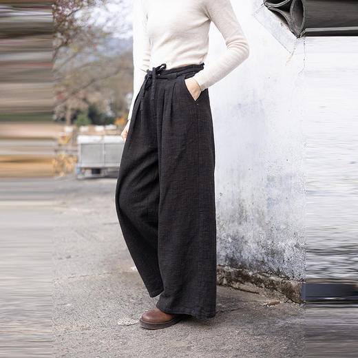 绽放015朵/色织亚麻系带半腰松紧阔腿裤女春季新款直筒长裤休闲裤 商品图1