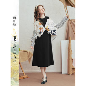 两三事梵高文艺 热望星群 2026春季新款复古绣花露肩假两件连衣裙