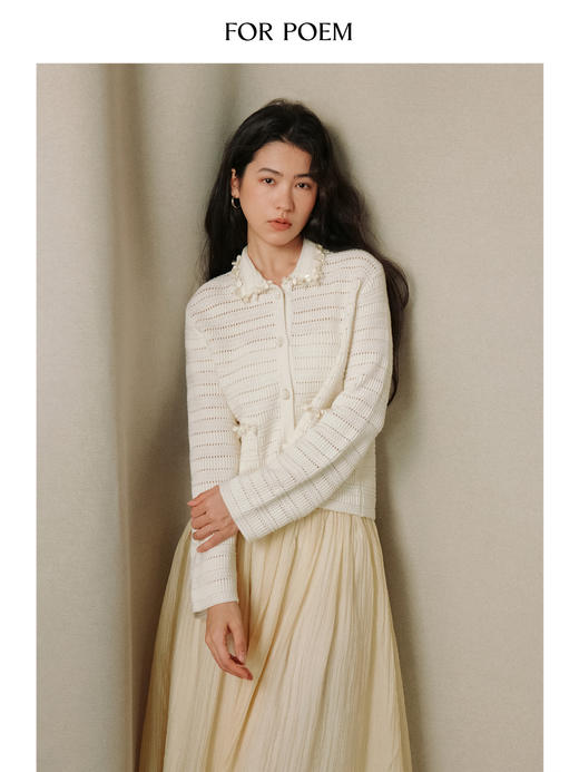 ForPoem 26/SS 原创设计重工花边镂空条纹针织衫女短款开衫外套 商品图3