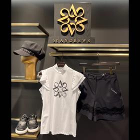 ST家女士木耳花边立领短袖，重工手工小衫W222146