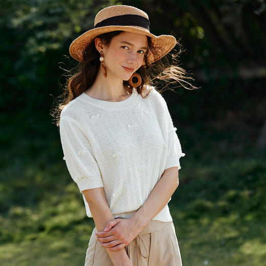 OLrain欧芮儿2026新款女夏季法式清雅减龄蝴蝶结圆领短袖针织衫 商品图1