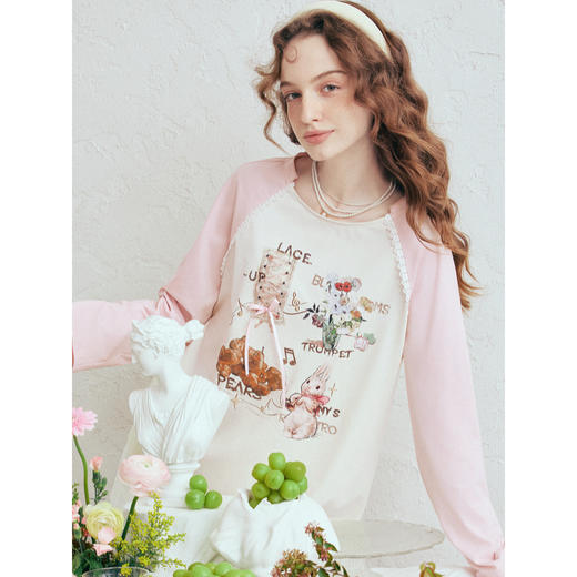 两三事梵高文艺悄然心动2026春季新款拼色插肩袖蝴蝶结印花t恤女 商品图2