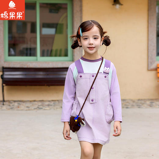 棉果果春季新品女童斜纹纯棉紫色背带裙M122703226127 商品图0