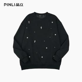 PINLI品立2026春季新款男士宽松金属贴片圆领落肩套头休闲上衣上衣潮BG262109004
