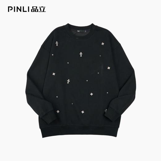 PINLI品立2026春季新款男士宽松金属贴片圆领落肩套头休闲上衣上衣潮BG262109004 商品图0