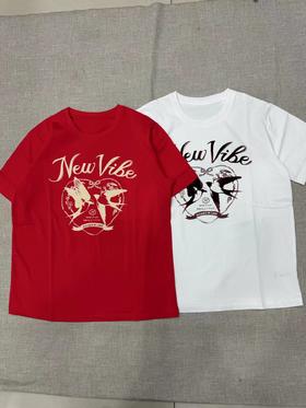 F013027短袖T恤2026春新品棉质双层植绒印花新年燕子