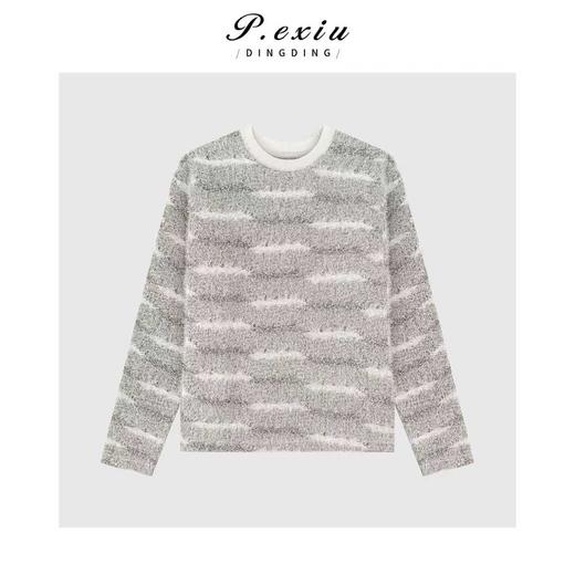 PanYiXiu/潘依绣松弛感撞色条纹挂毛流苏气质长袖圆领针织上衣W-63547 商品图1