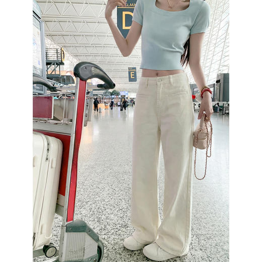 <曾小咸推荐>韩系米杏色高腰直筒牛仔裤女 商品图0