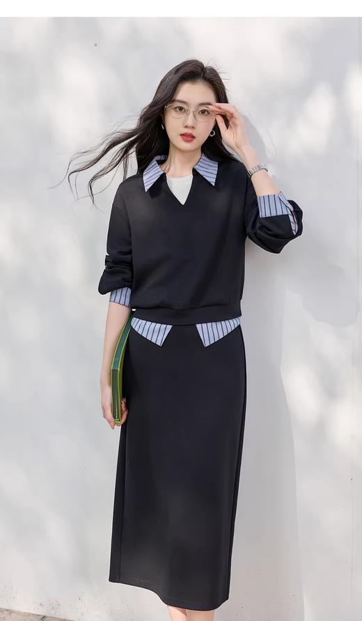 三C同款26春套头翻领上衣+直筒高腰半身裙两件套 商品图0