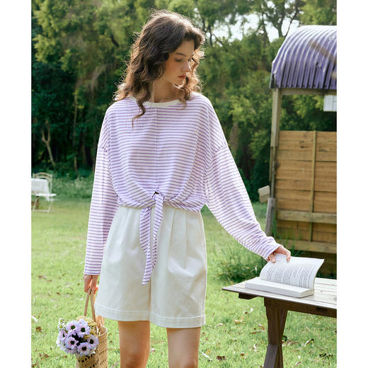 OLrain欧芮儿2026新款女春季紫色松弛感条纹绑带下摆宽松长袖T恤 商品图0