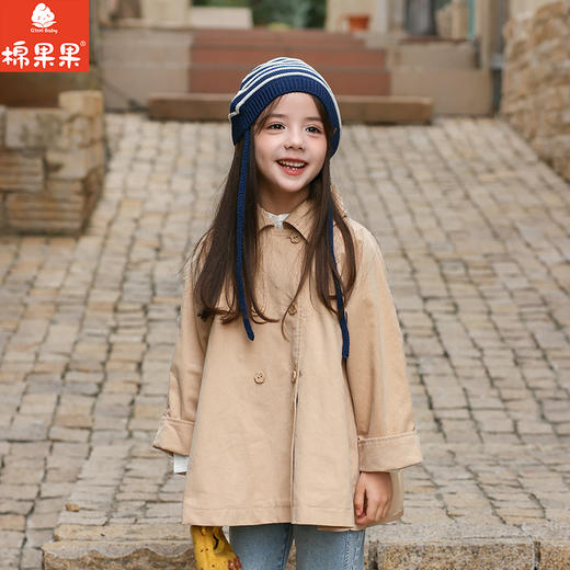 棉果果春季新品女童梭织斜纹甜美洋气卡其色翻领网纱风衣M122130226105 商品图1
