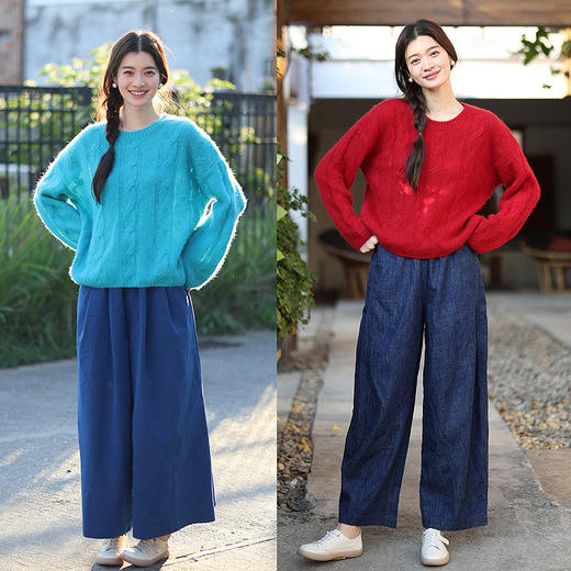 绽放111朵/100羊毛衫多色圆领落肩绞花套头毛针织衫女春新款毛衣 商品图3