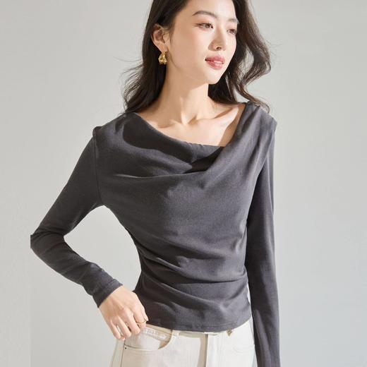 「自」全新升级【铂金会员146/天猫199/差价53】(85026)洛诗琳气质v领长袖t恤2026春季新款正肩不规则抽褶打底上衣 商品图4