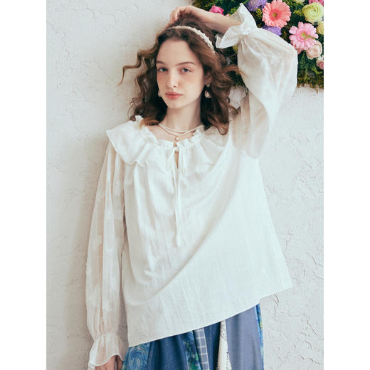 两三事 午后赴约 2026春季新款甜美透视插肩袖荷叶边绑带衬衫女 商品图2