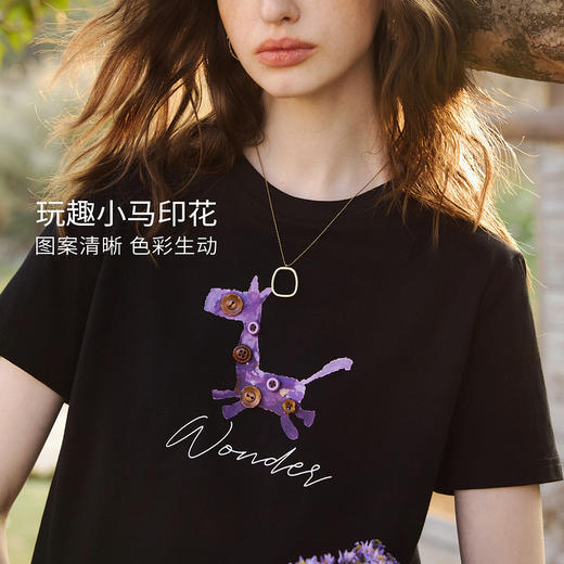 欧芮儿通勤休闲纯棉黑色小马印花短袖T恤女夏季2026新款圆领上衣 商品图0