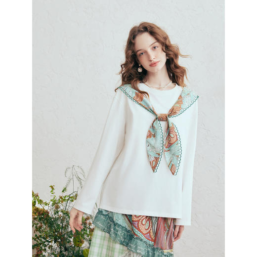 两三事梵高文艺 甜心月神 2026春季新款印花假领带长袖t恤女 商品图1