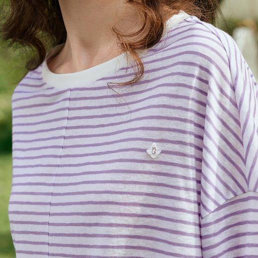 OLrain欧芮儿2026新款女春季紫色松弛感条纹绑带下摆宽松长袖T恤 商品图1