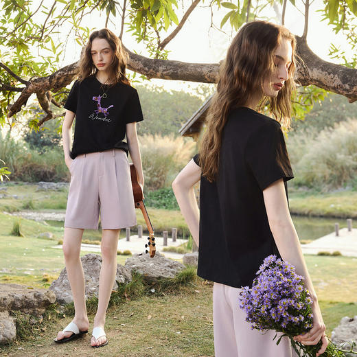 欧芮儿通勤休闲纯棉黑色小马印花短袖T恤女夏季2026新款圆领上衣 商品图2