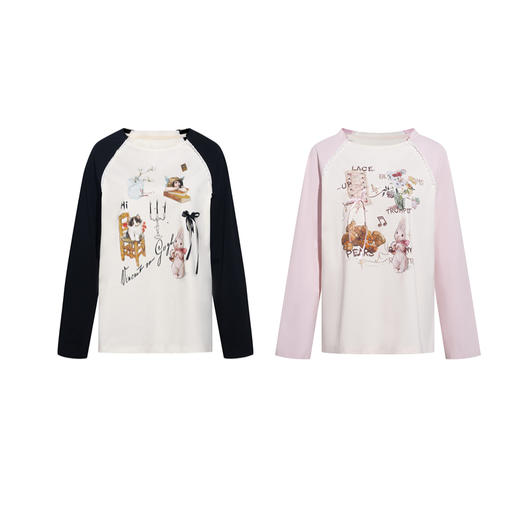 两三事梵高文艺悄然心动2026春季新款拼色插肩袖蝴蝶结印花t恤女 商品图4