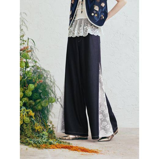 两三事 糖霜梦境 2026春季新款复古蕾丝拼接阔腿休闲裤女宽松 商品图3