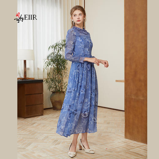 司歌印花收腰长袖雪纺连衣裙A921161X 商品图4