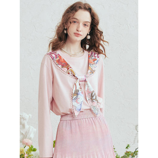 两三事梵高文艺 甜心月神 2026春季新款印花假领带长袖t恤女 商品图2