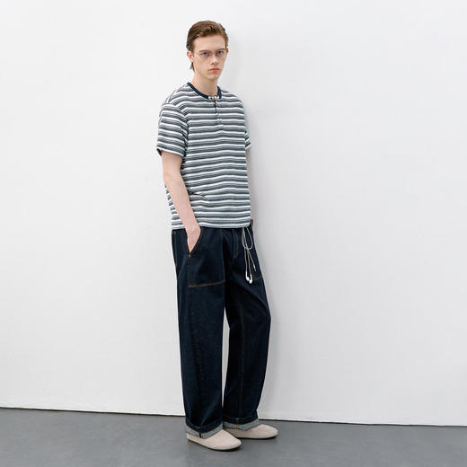 714street复古亨利领短袖T恤男2026春季潮牌半开领条纹休闲针织衫 商品图3