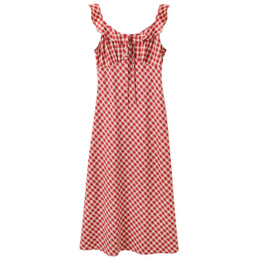 【宋轶同款】三彩2026春季新款法式格纹吊带裙荷叶边V领A字连衣裙长裙浪漫M 商品图4