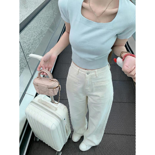 <曾小咸推荐>韩系米杏色高腰直筒牛仔裤女 商品图2